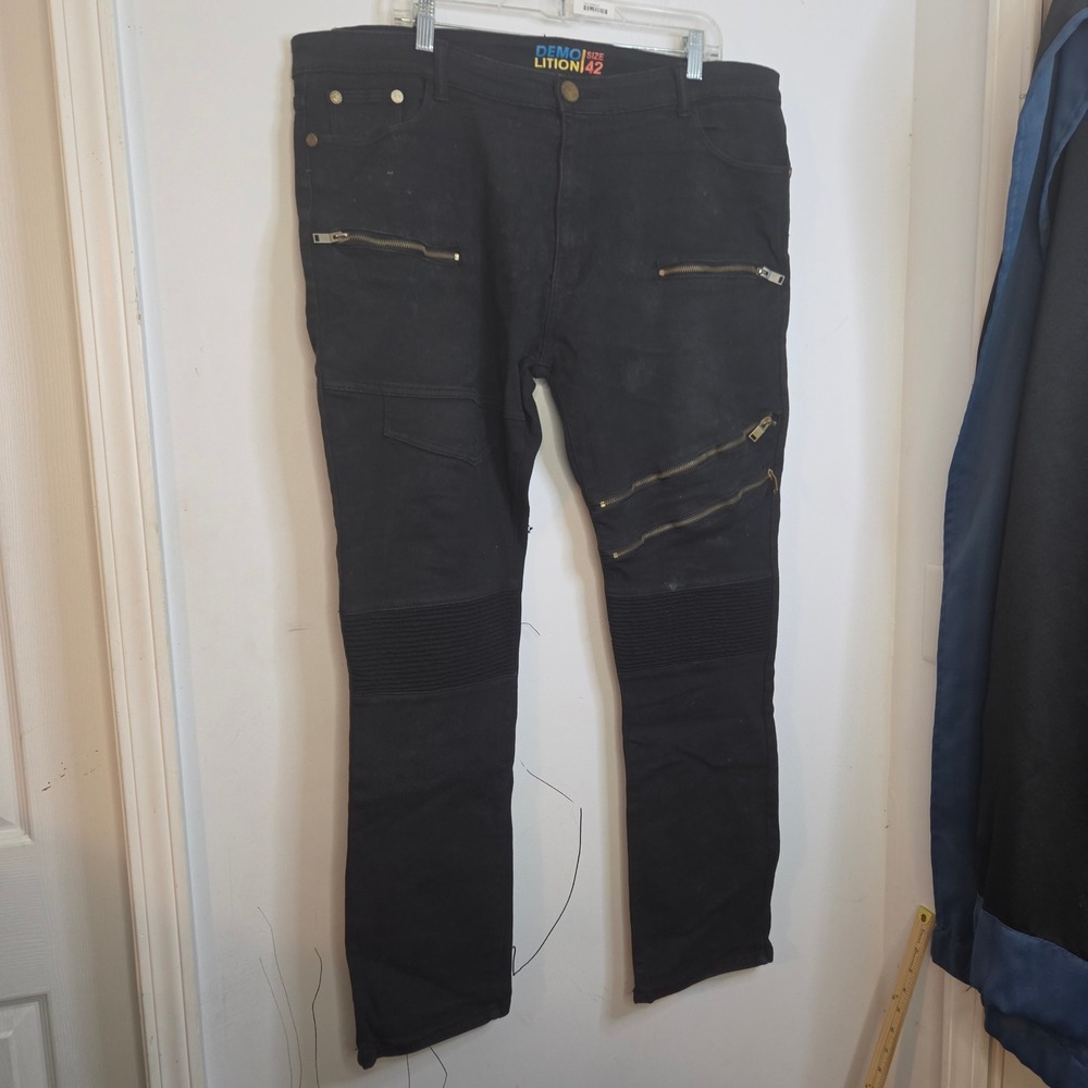 Demolition Mens Black Biker Moto Jeans Size 42 Ribbed Zipper Pockets Streetwear